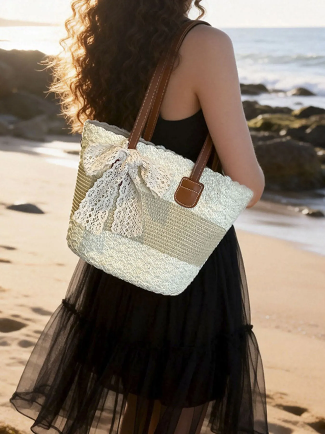 Lace Trimmed Straw Shoulder Bag