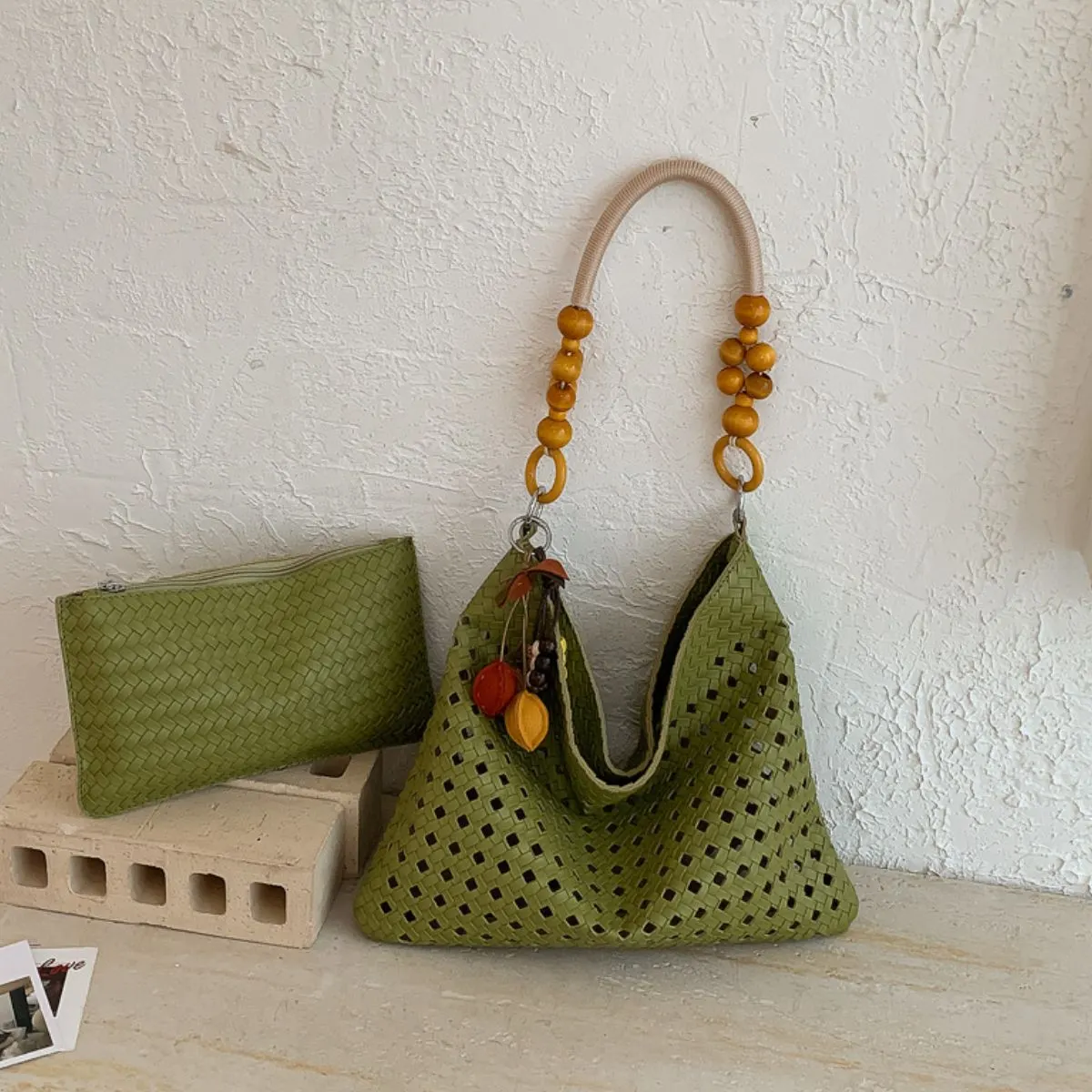 Cutout Shoulder Bag with Beaded Handle