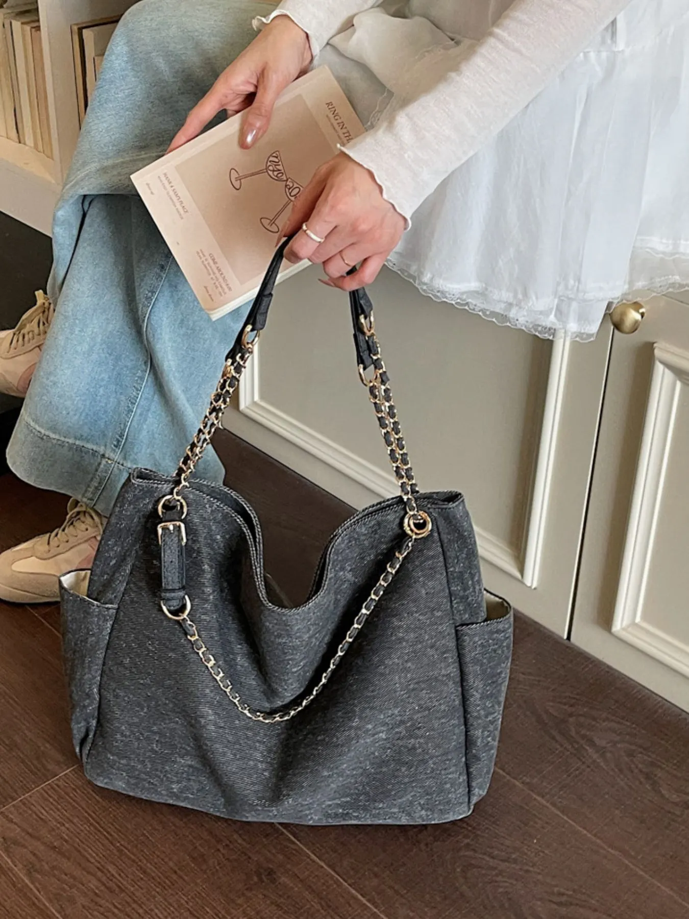 Denim Shoulder Bag with Chain Strap